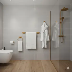 ⁦סט 4 חלקים למקלחת | 3 קולבים + מחזיק נייר (מוט מגבת רחצה 60 ס"מ) *בהדבקה* | זהב מוברש | מק"ט 203BG⁩ – תמונה ⁦2⁩