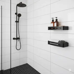 ⁦זוג מדפים ישרים למקלחת | אלומיניום קשיח | 32.5 ס"מ + 4 קולבים | שחור מט | מק"ט 206BL⁩ – תמונה ⁦2⁩