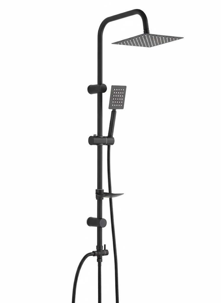 ערכת פינוק למקלחת איכותית אופנתית הכוללת מדף,ראש גשם ענק ומזלף יד | שחור מט | מק"ט 628
