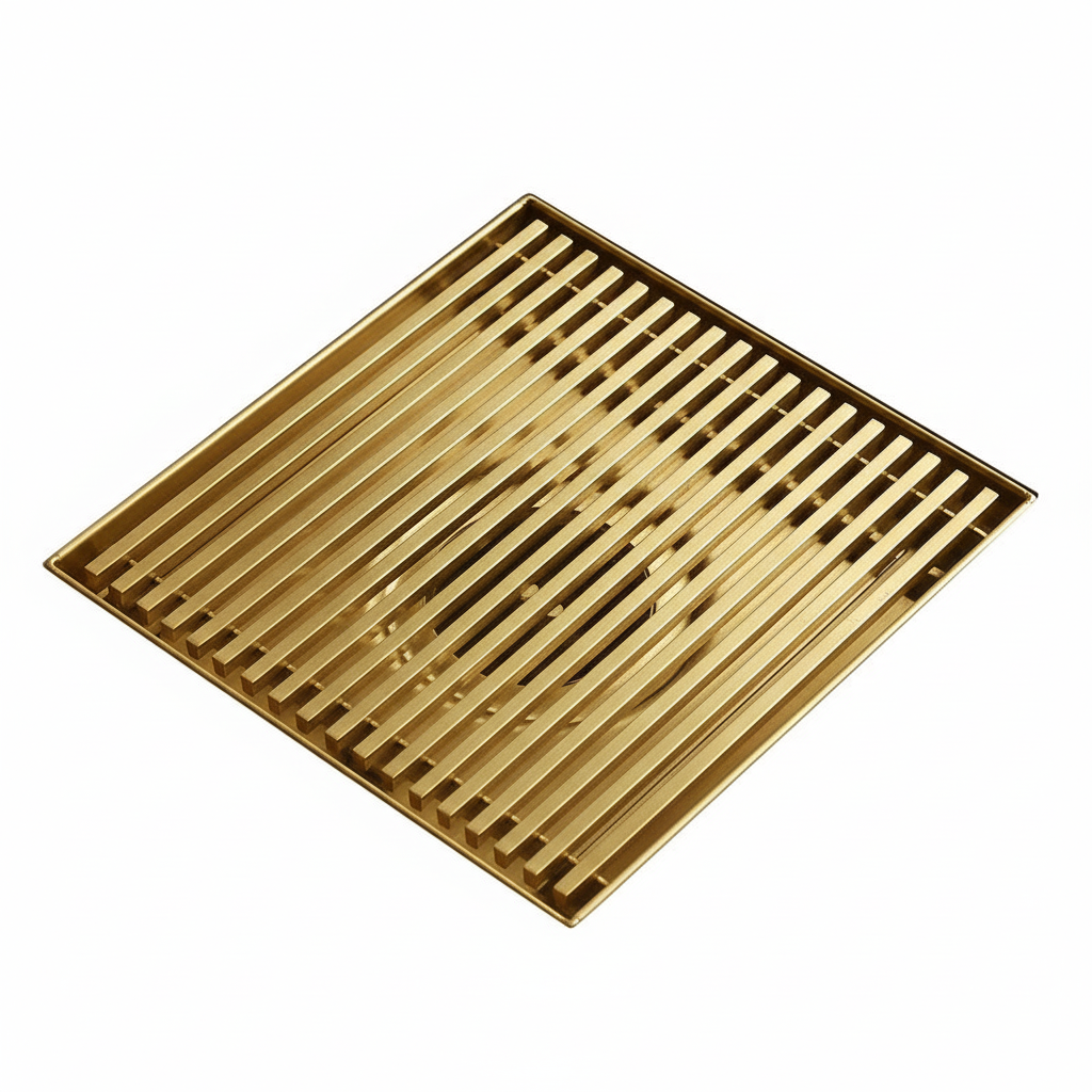 ניקוז מרובע "פסים" | 12/12 | פטנט חוסם ריחות וחרקים | זהב מוברש | מק"ט 109BG