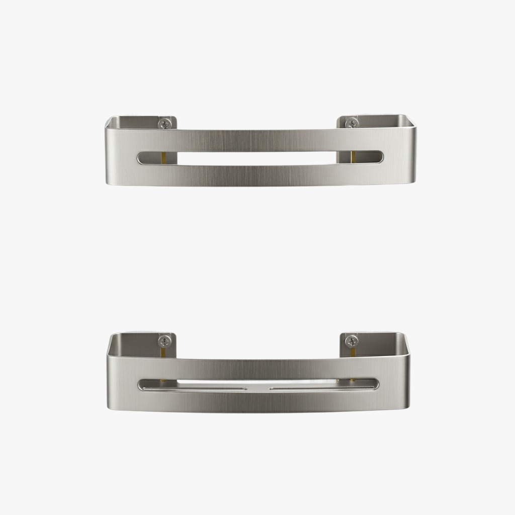 זוג מדפים ישרים למקלחת | אלומיניום קשיח | 32.5 ס"מ + 4 קולבים | ניקל מוברש | מק"ט 206BN