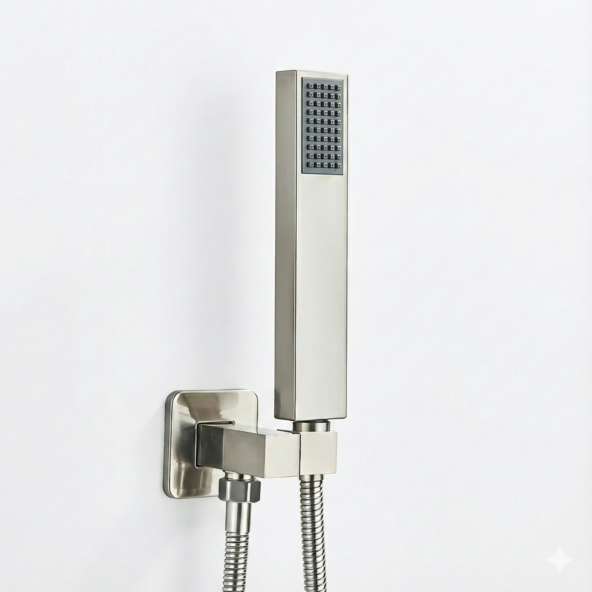 נקודת מים + צינור גמיש + מזלף יד מעוצב מרובע | ניקל מוברש | מק"ט 806/3