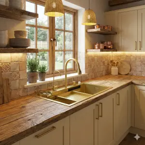 ⁦כיור נירוסטה מאובזר | דגם "אליסיה" | צבע זהב מוברש | מק"ט 960/2⁩ – תמונה ⁦2⁩