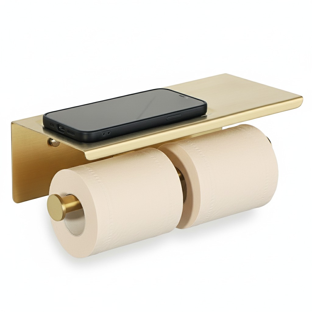 מתקן כפול לנייר טואלט + מדף | ניתן להדבקה | זהב מוברש | מק"ט 209BG