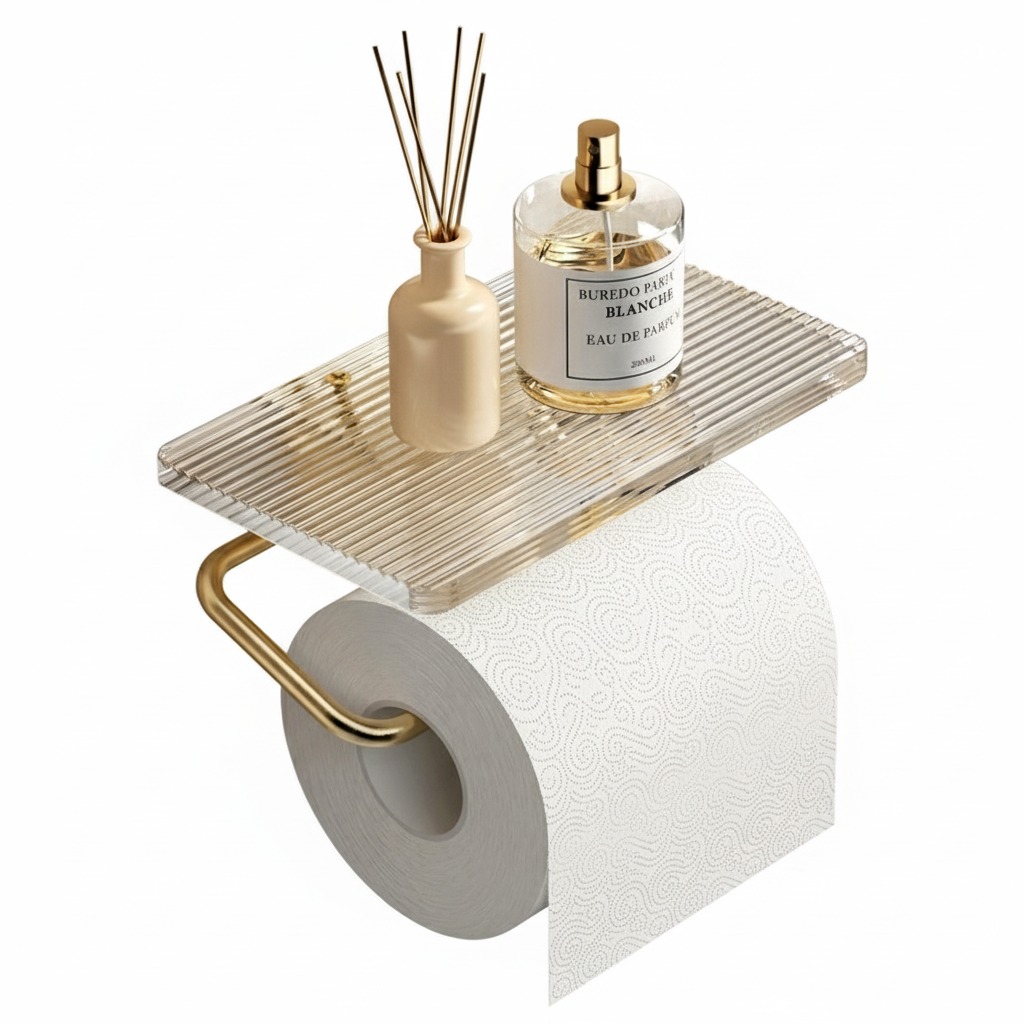 מתקן לנייר טואלט + מדף זכוכית | הדבקה/קדיחה | זהב מוברש | מק"ט 218BG
