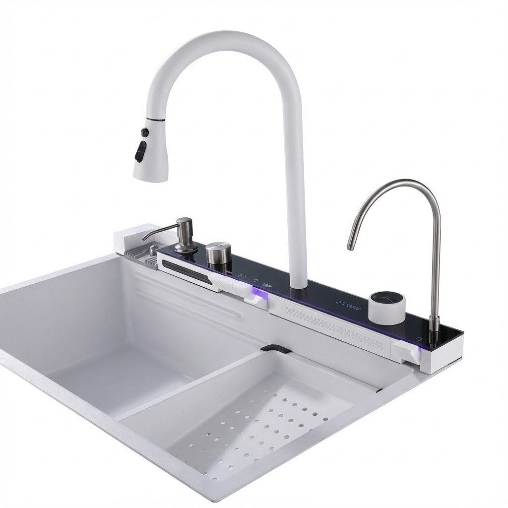 כיור נירוסטה מאובזר | דגם "ורה קלאס" | צבע לבן פנינה | מק"ט 960/11