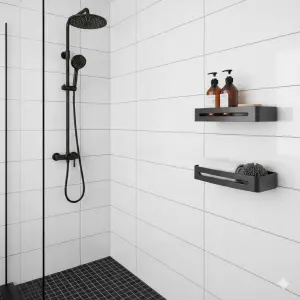 ⁦זוג מדפים ישרים למקלחת | אלומיניום אל חלד | 32.5 ס"מ + 4 קולבים | אפור גרפיט | מק"ט 206GR⁩ – תמונה ⁦2⁩