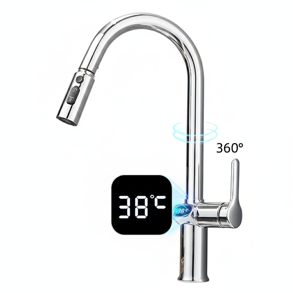 ברז מטבח נשלף דגם "קמרון" עם צג טמפרטורה מובנה | כרום | מק"ט 101