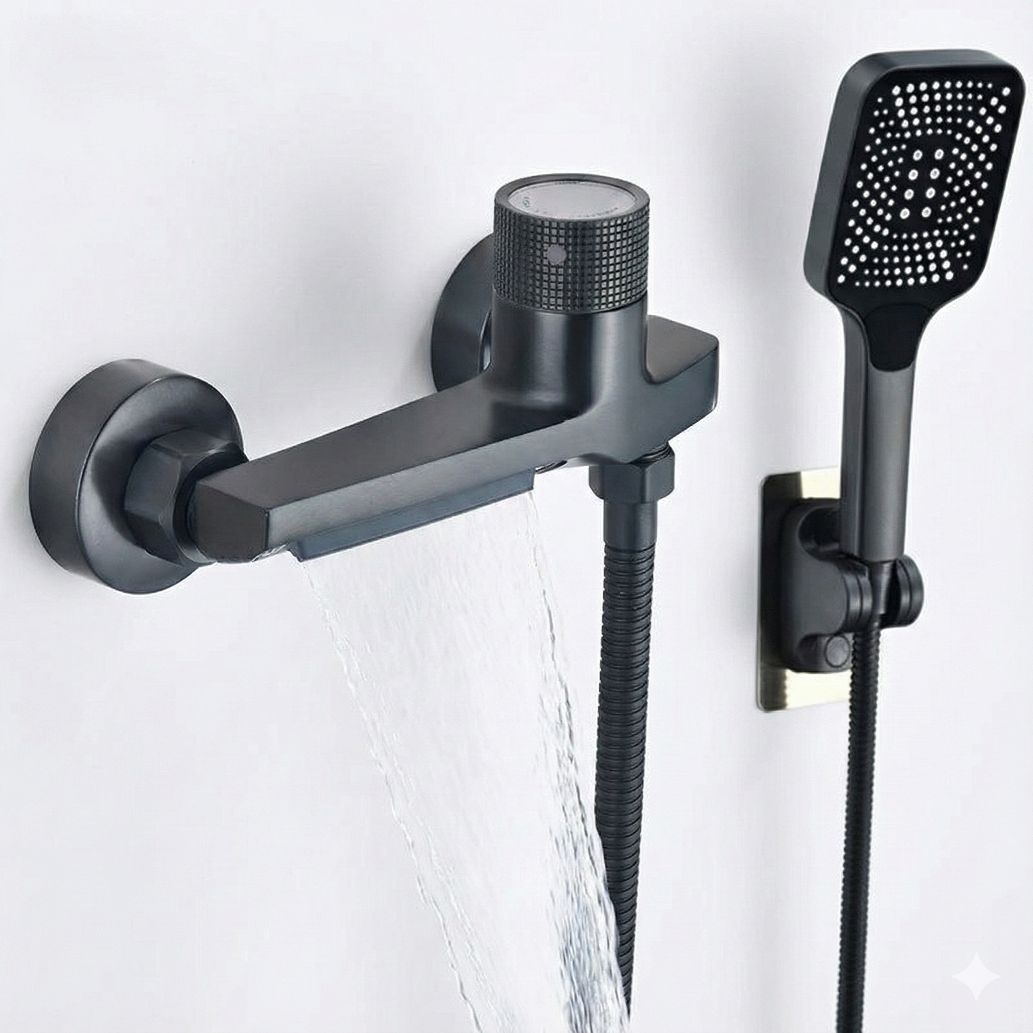 ברז סוללה מעוצב לאמבטיה + מעמד למזלף בהדבקה + צינור ומזלף | שחור מט | מק"ט 264