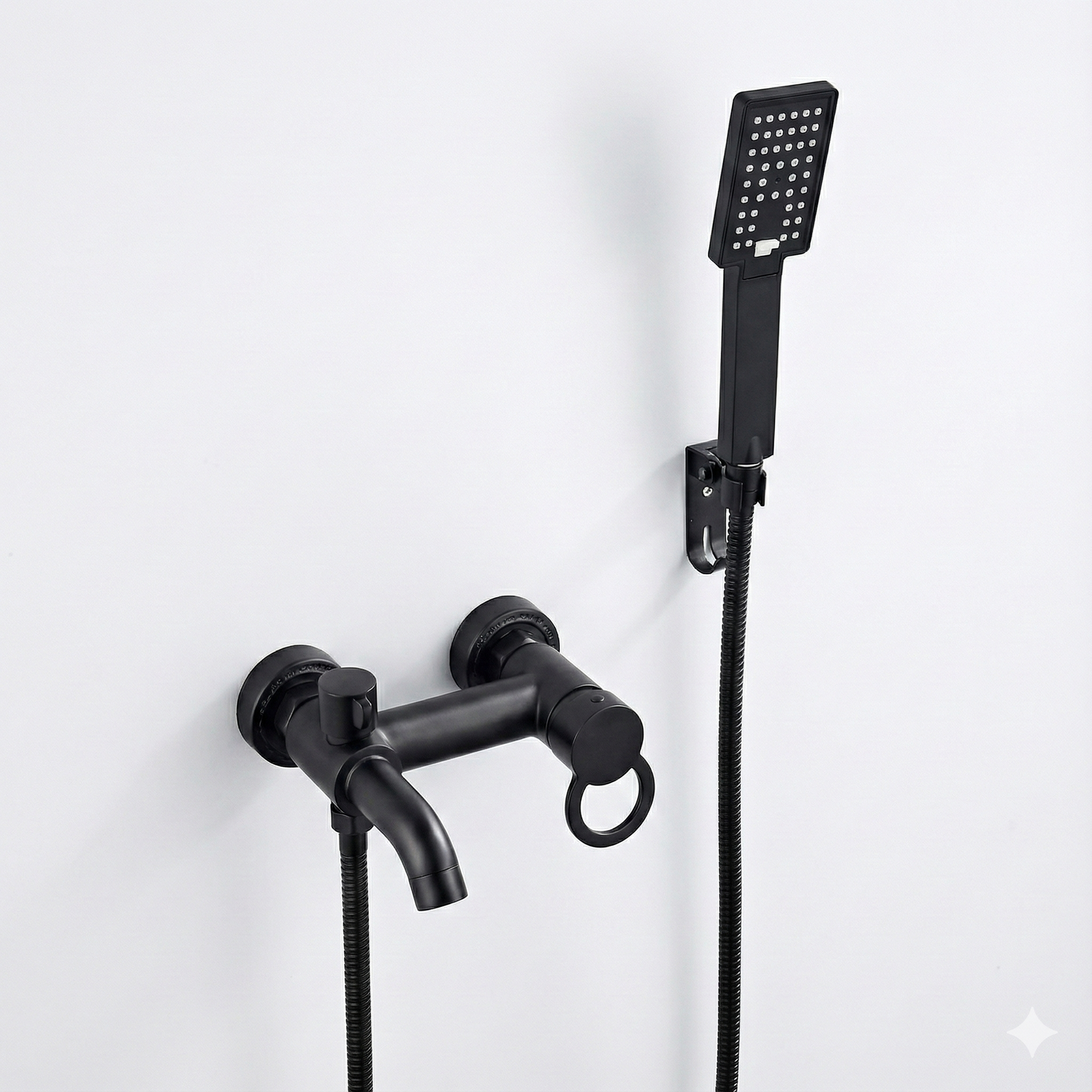 ברז סוללה מעוצב לאמבטיה + מעמד למזלף בהדבקה + צינור ומזלף | שחור מט | מק"ט 298