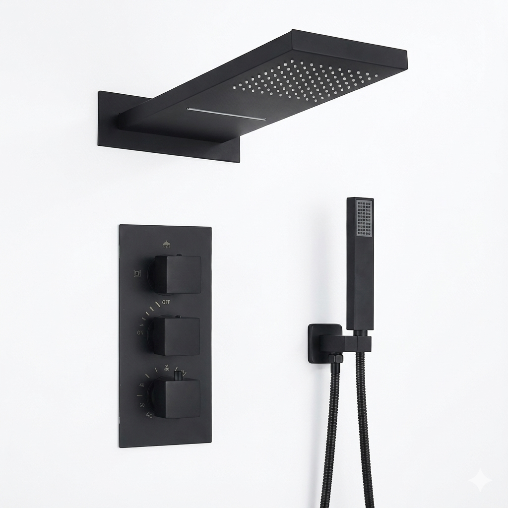 אינטרפוץ 5 דרך טרמוסטטי אופנתי | ראש גשם ענק ומפואר | שחור מט | מק"ט 403