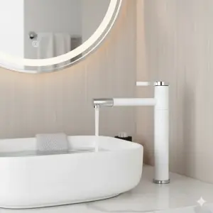 ⁦ברז לכיור אמבט אופנתי איכותי חם קר | לבן משולב כרום | מק"ט461⁩ – תמונה ⁦2⁩