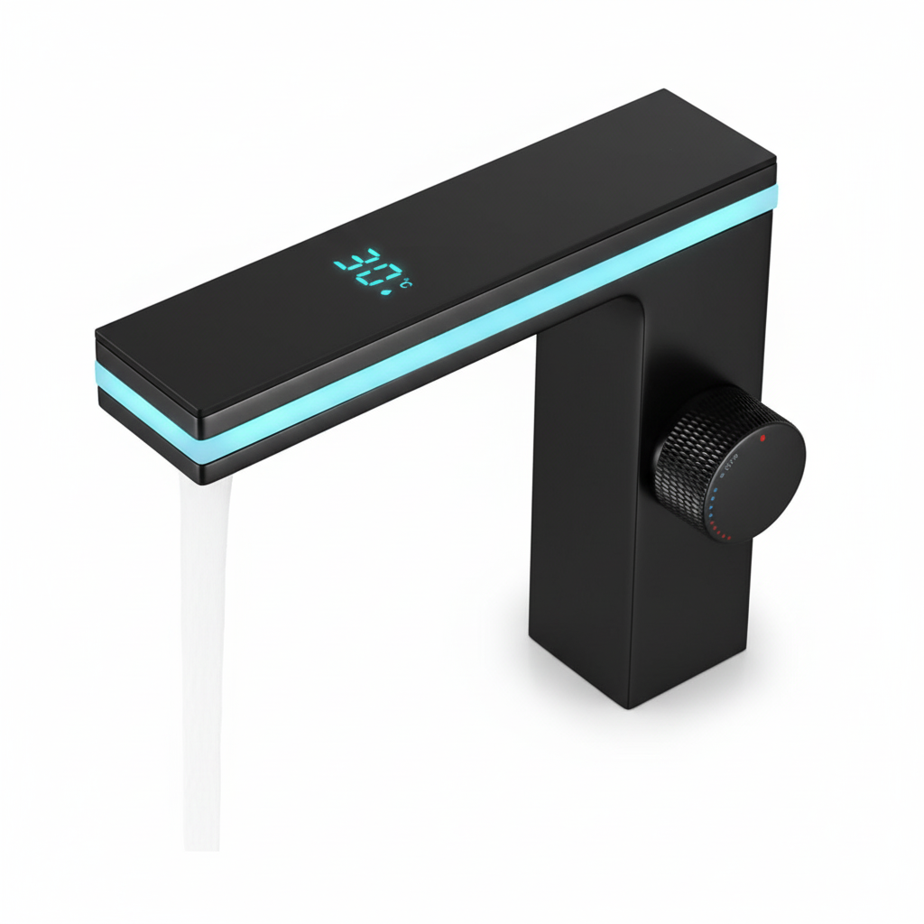 ברז חם קר לכיור אינטגרלי בחדר רחצה תאורת לד הקפית מעוצבת | שחור מט | מק"ט 462