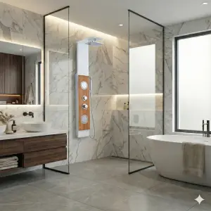 ⁦פנל פינוק ג'טים מפואר דגם "גאיה" | זכוכית חלבית משולבת עץ אלון יוקרתי | מק"ט 006⁩ – תמונה ⁦2⁩