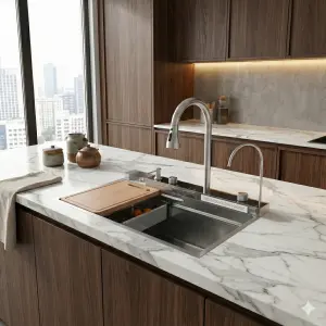 ⁦כיור נירוסטה מאובזר | דגם "ורה קלאס" | צבע נירוסטה סילבר | מק"ט 960/55⁩ – תמונה ⁦2⁩