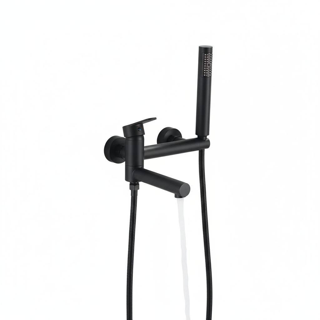 סוללה לאמבטיה אופנתית איכותית פיית מילוי מתקפלת + מזלף יד וצינור גמיש | שחור מט | מק"ט 1901/1