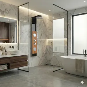 ⁦פנל פינוק ג'טים מפואר דגם "גאיה" | זכוכית שחורה משולבת עץ אלון יוקרתי | מק"ט 006/1⁩ – תמונה ⁦2⁩