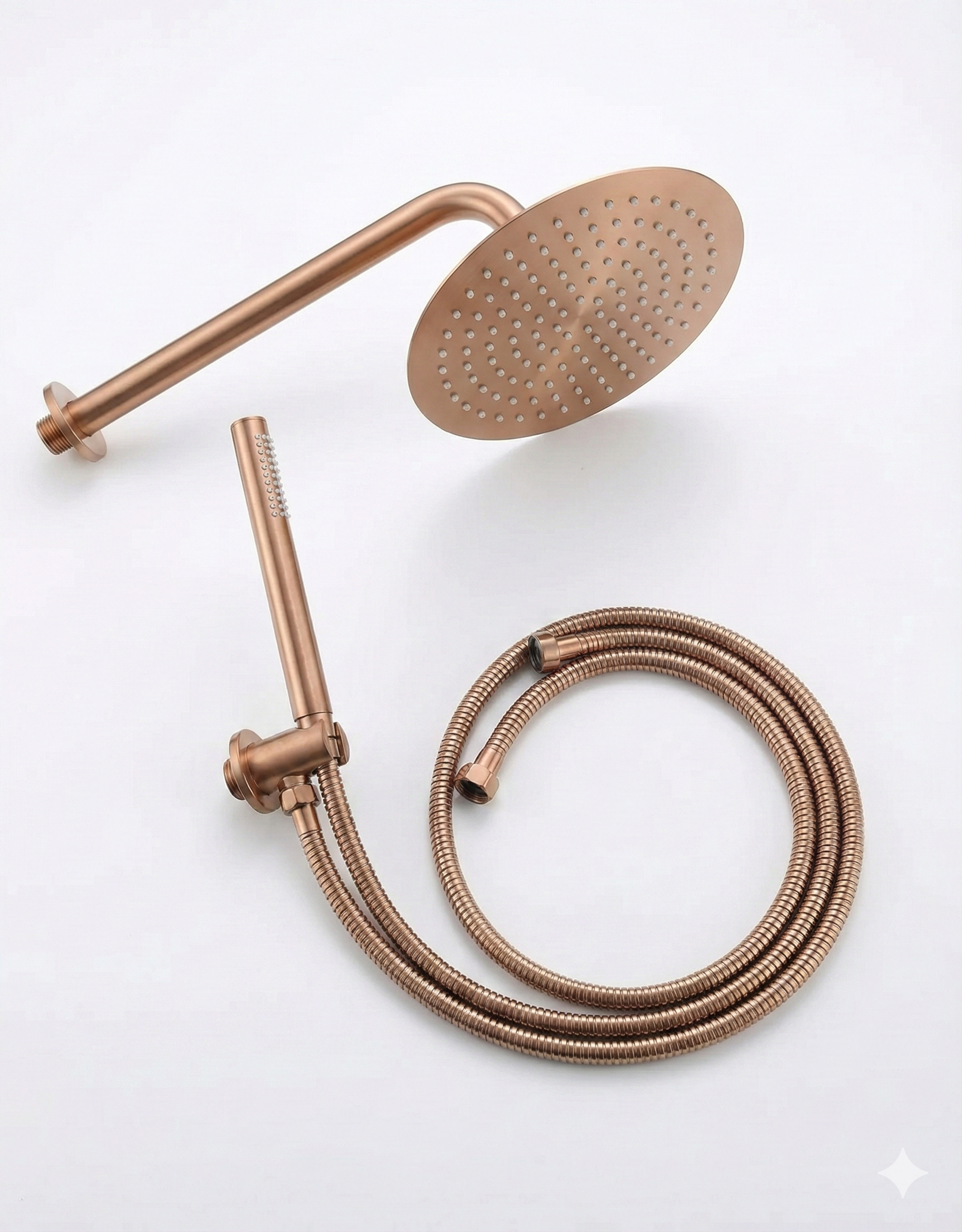 סט אביזרים לאינטרפוץ 4 דרך הכולל - זרוע לראש גשם + ראש גשם 25/25 + נקודת מים עם מתלה + צינור גמיש + מזלף יד אופנתי | רוז גולד מוברש | מק"ט 625/4