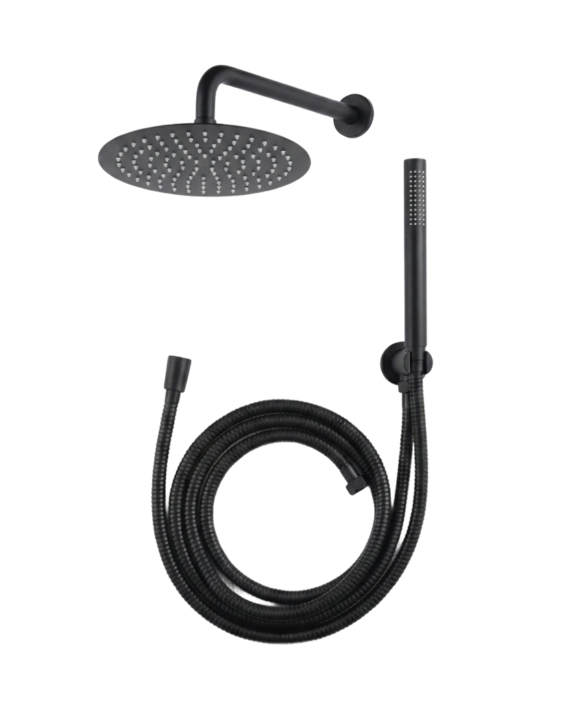 סט אביזרים לאינטרפוץ 4 דרך הכולל - זרוע לראש גשם + ראש גשם 25/25 + נקודת מים עם מתלה + צינור גמיש + מזלף יד אופנתי | שחור מט | מק"ט 625/1