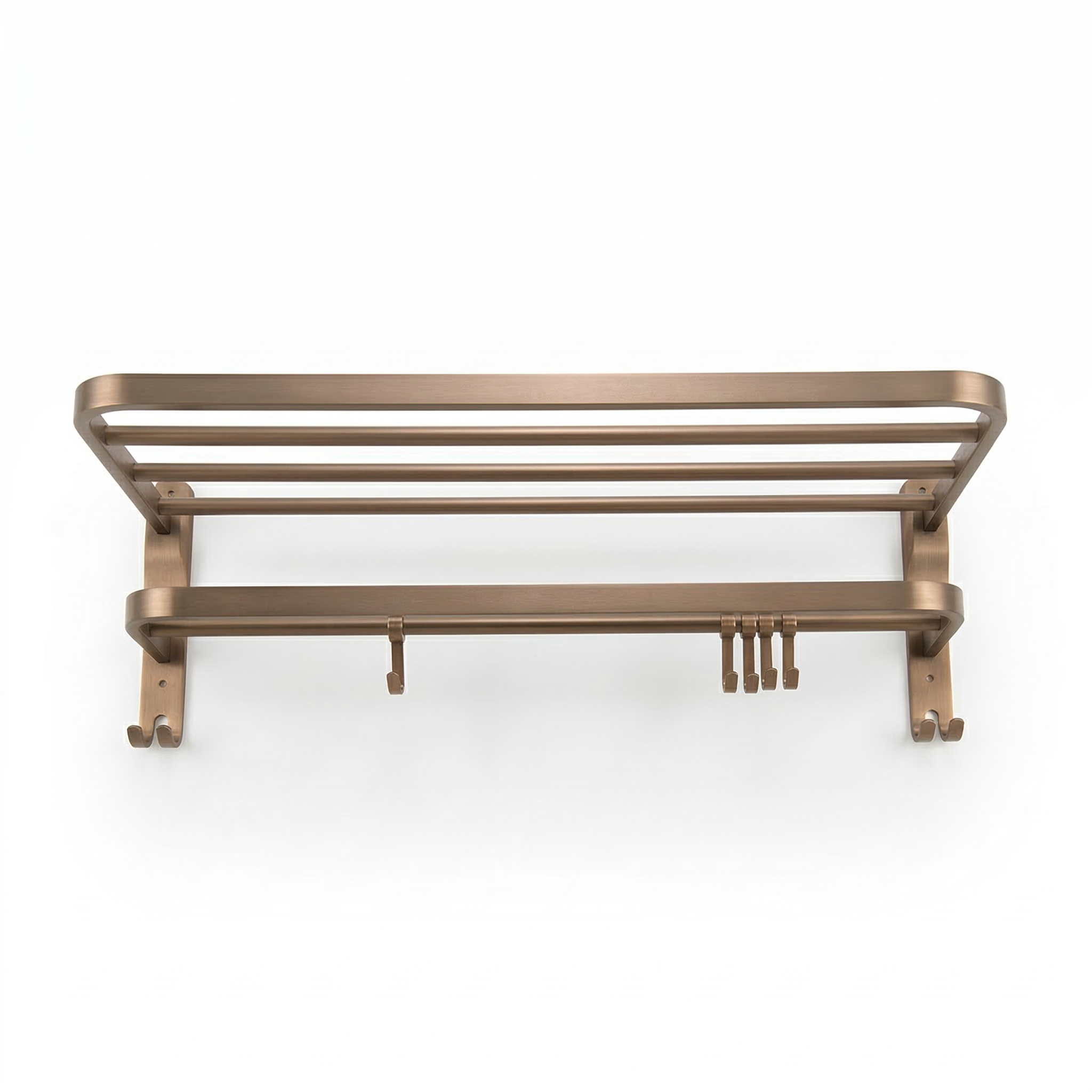 מתקן משולב מתקפל למגבות | מדף + קולבים | 59 ס"מ אורך - 22 ס"מ עומק | רוז גולד מוברש | מק"ט 201RZ