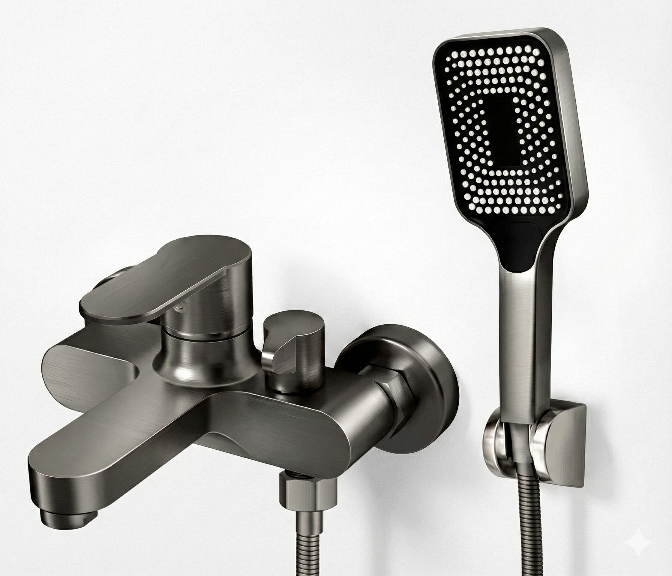 סוללה לאמבטיה אופנתית פלוס | צינור גמיש + מזלף יד ותופסן לקיר | צבע גרפיט | מט מק"ט 1902