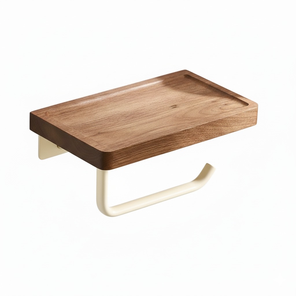 מתקן לנייר טואלט + מדף עץ | ניתן להדבקה ללא קידוח | שמנת בז' משולב עץ | מק"ט 210BZW