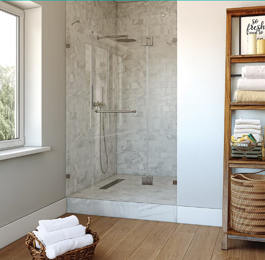 שתי דפנות קבועות ודלת אחת באמצע, נפתחת פנימה והחוצה | זכוכית שקופה מחוסמת 8 מ״מ | מק"ט 4208