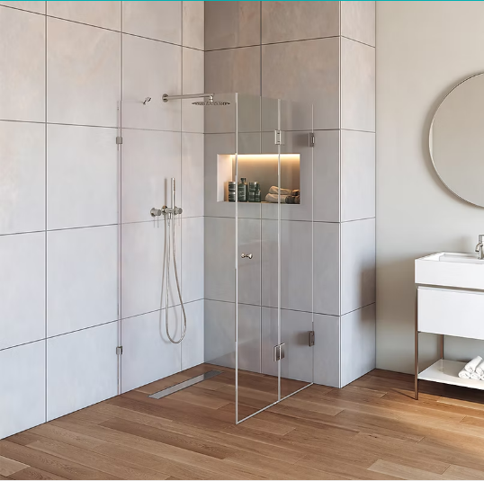 צד אחד דופן קבוע וצד שני דלת הרמוניקה | זכוכית שקופה מחוסמת 8 מ״מ | מק"ט 4218