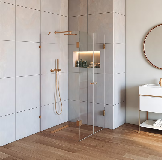 דופן צד קבוע ושתי דלתות נפתחות פנימה והחוצה | זכוכית שקופה מחוסמת 8 מ״מ | מק"ט 4219