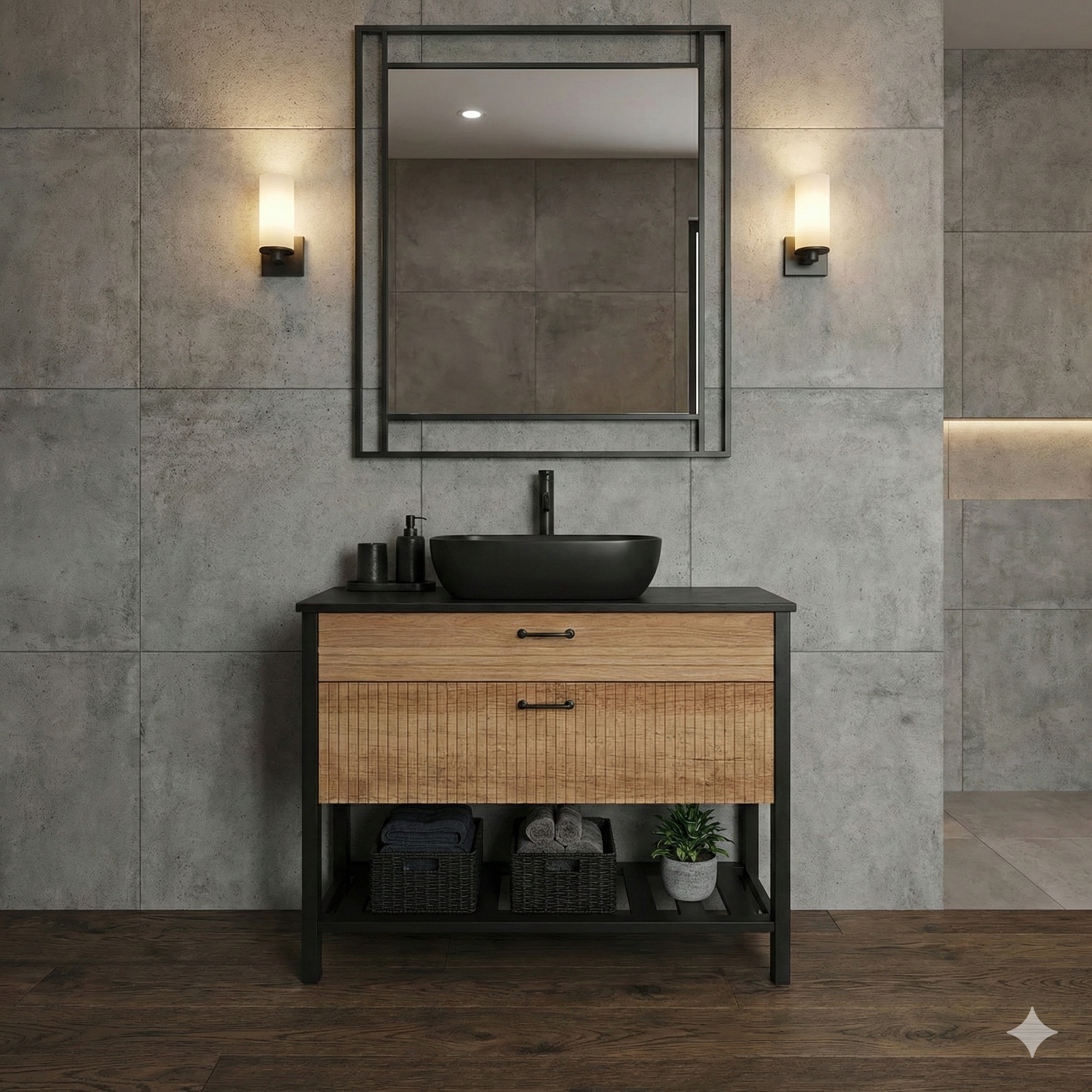 ארון אמבטיה דגם "מולינו " פורניר | ארון עומד | משטח שיש שחור מק"ט 50011P