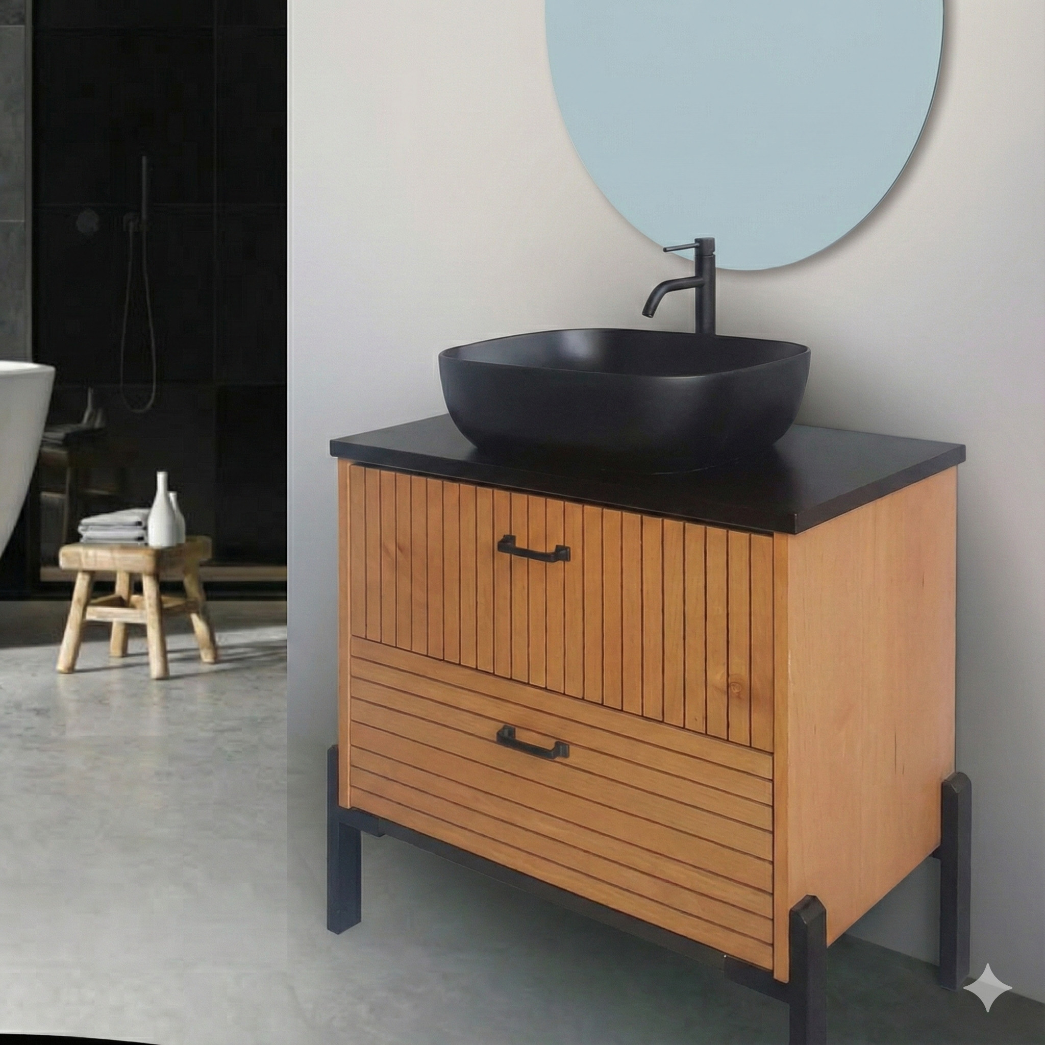 ארון אמבטיה דגם "מינימאל " פורניר | ארון עומד | משטח שחור  P מק"ט 50002