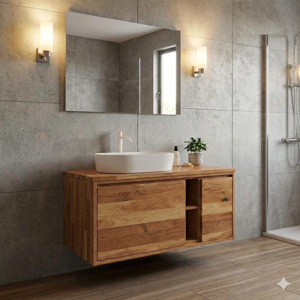 ארון אמבטיה דגם " פזוס " עץ מלא | ארון תלוי | משטח בוצ׳ר מק"ט 50025P