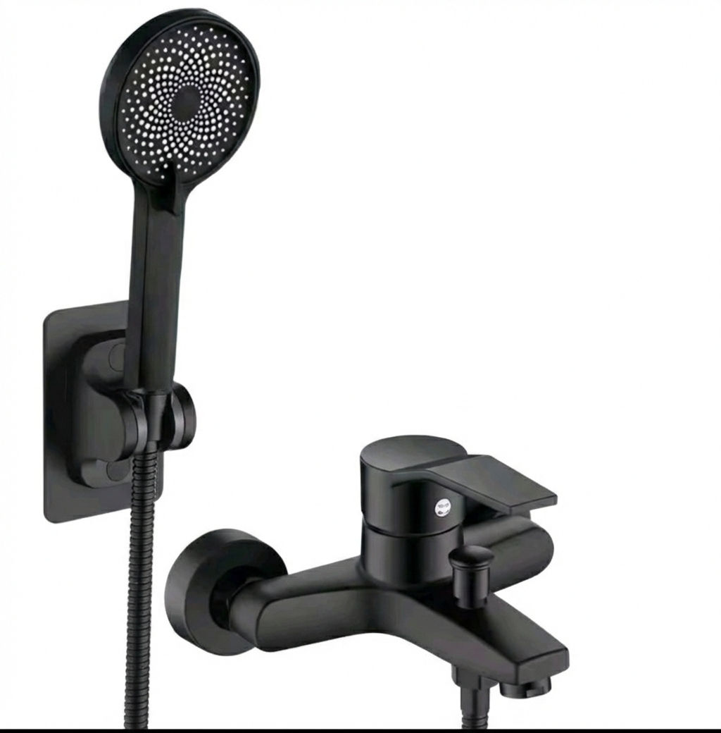 ברז סוללה מעוצב לאמבטיה + מעמד למזלף בהדבקה + צינור ומזלף | שחור מט | מק"ט 226