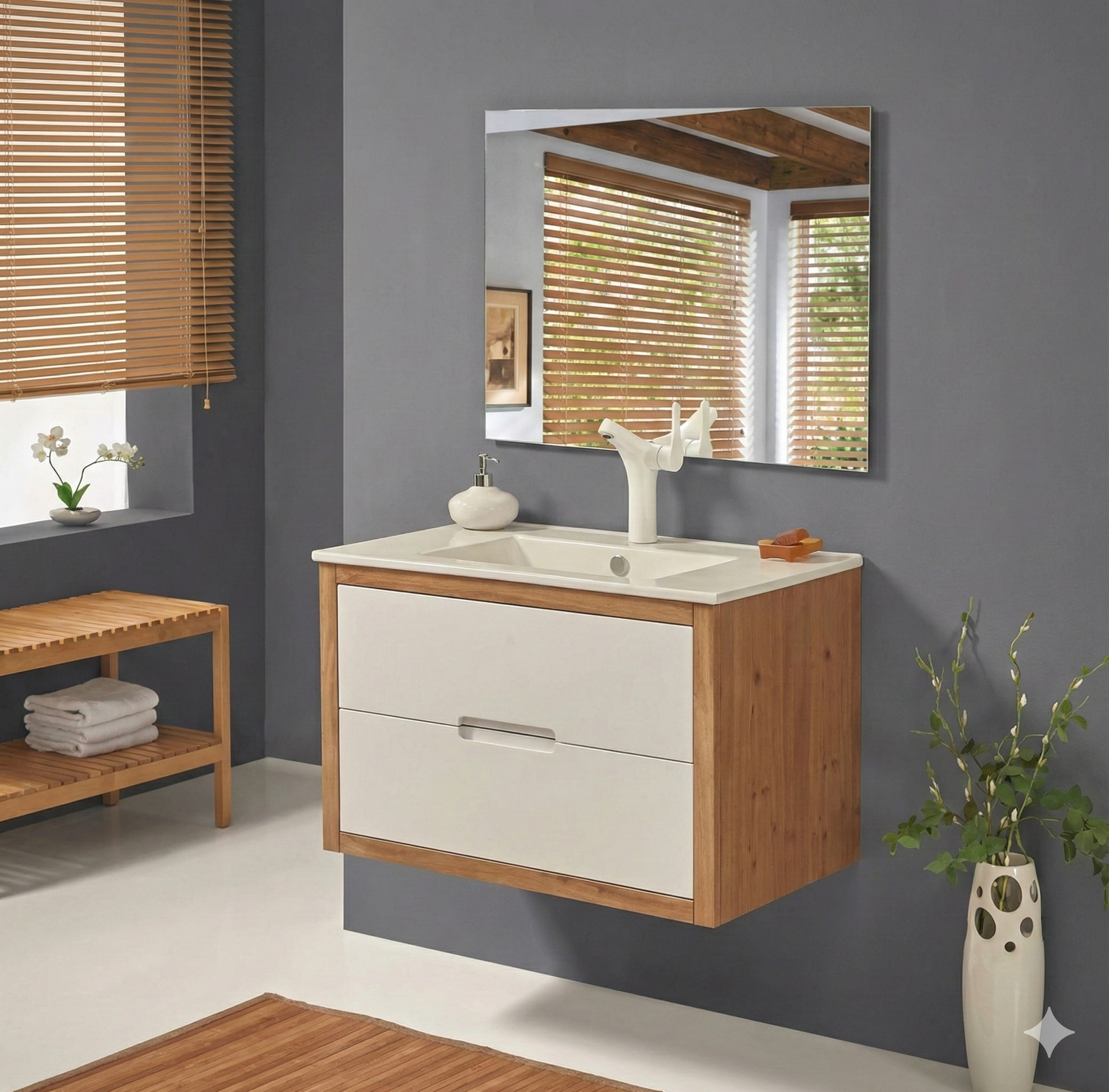 ארון אמבטיה דגם " גנואה " פורניר בשילוב אפוקסי | ארון תלוי | משטח חרס מק"ט 50030P