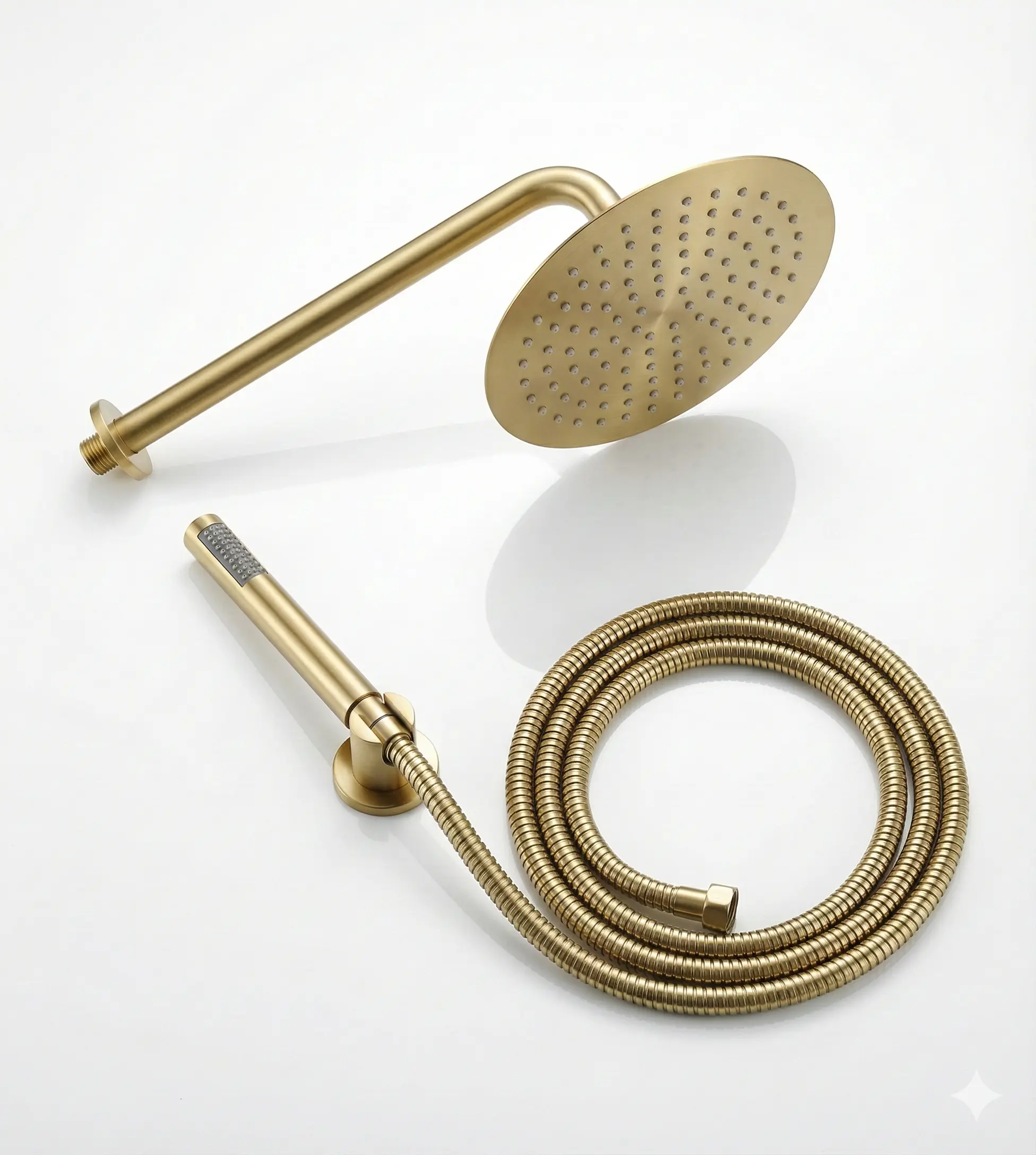 זרוע לראש גשם + ראש גשם 25/25 + נקודת מים עם מתלה + צינור גמיש + מזלף יד אופנתי | זהב מוברש | מק"ט 666/2