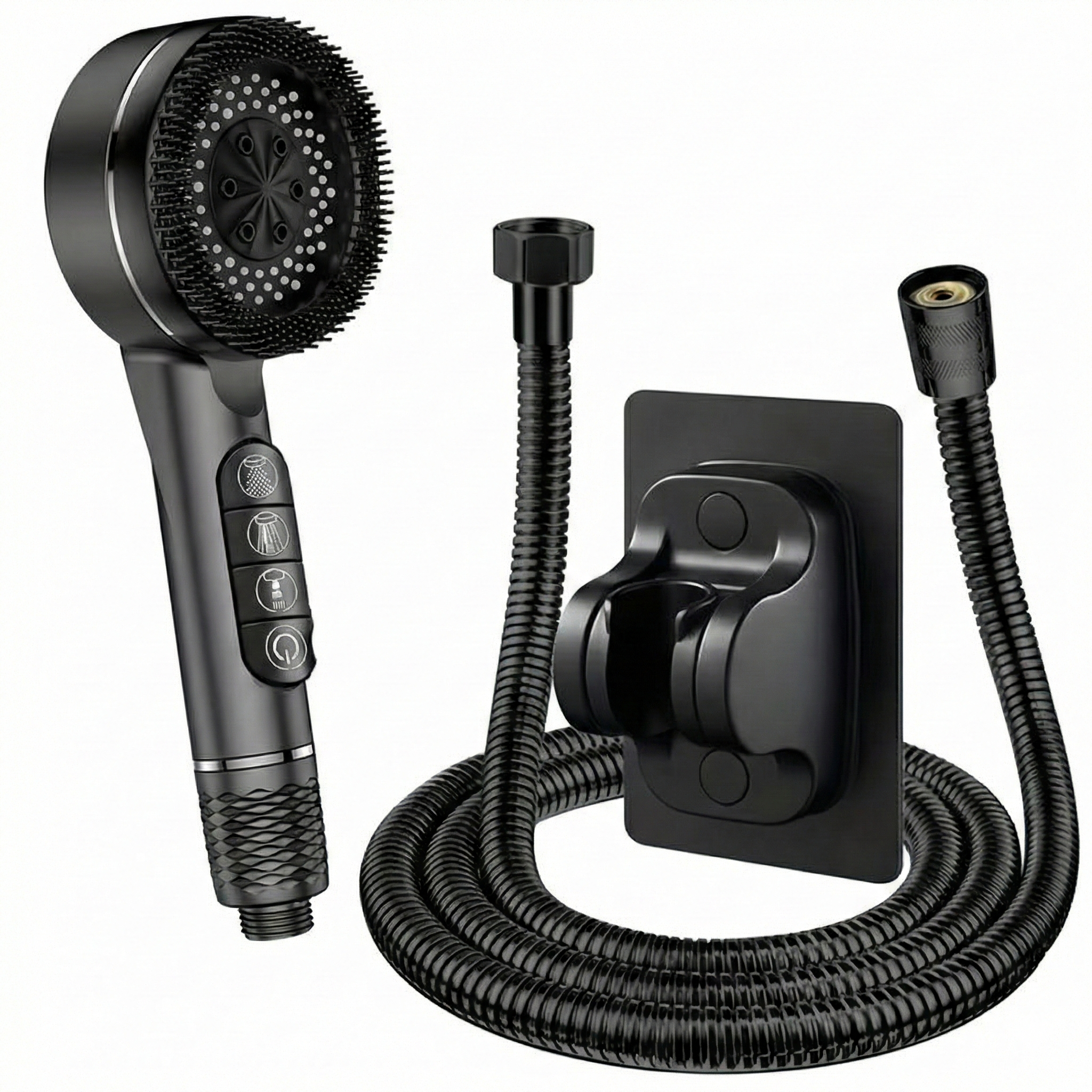 מזלף יד 4 מצבי זרימה + פילטר אבנית מובנה + צינור + תופסן בהדבקה למזלף | שחור מט | מק"ט 3055/1