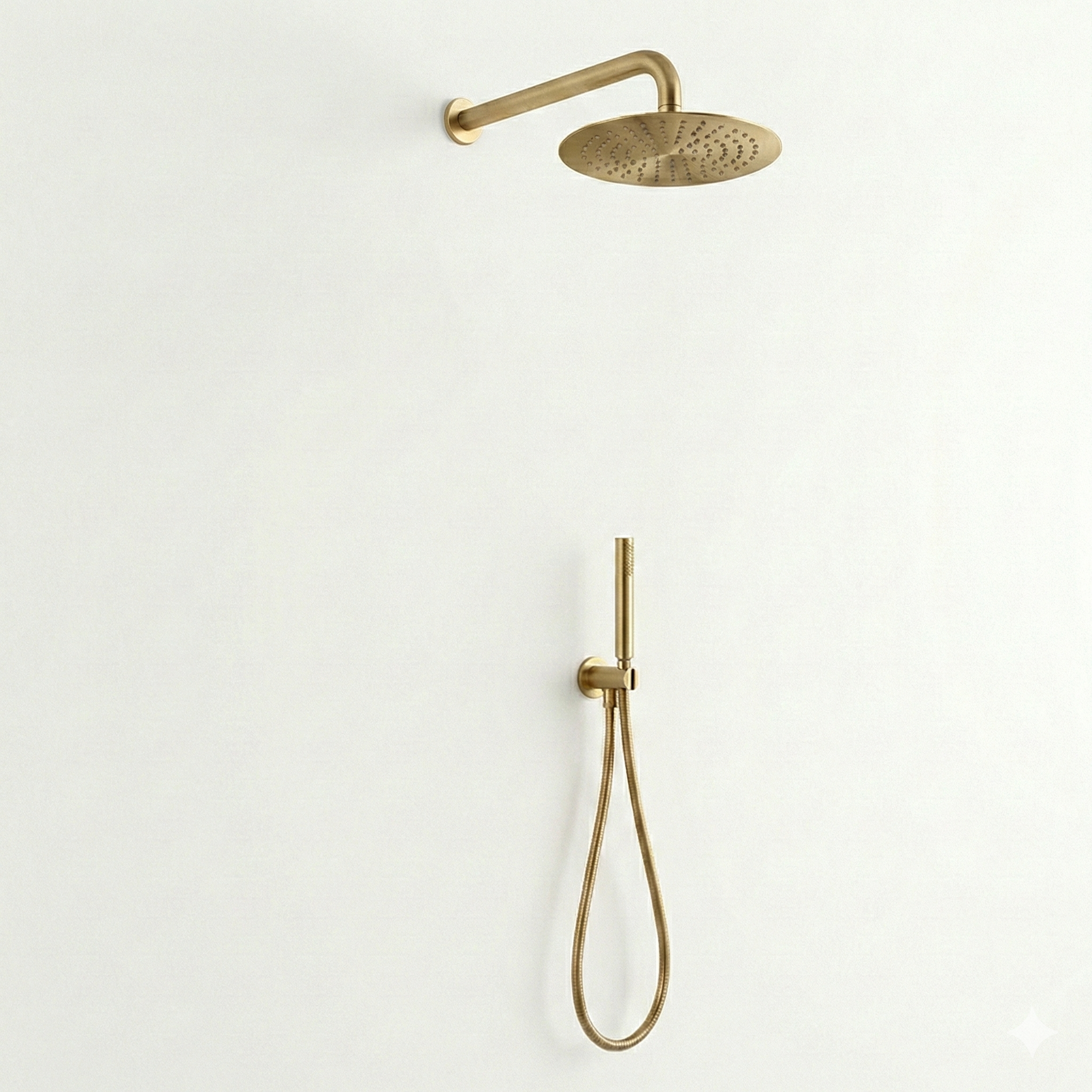 זרוע לראש גשם + ראש גשם 25/25 + נקודת מים עם מתלה + צינור גמיש + מזלף יד אופנתי | זהב מוברש | מק"ט 666/2