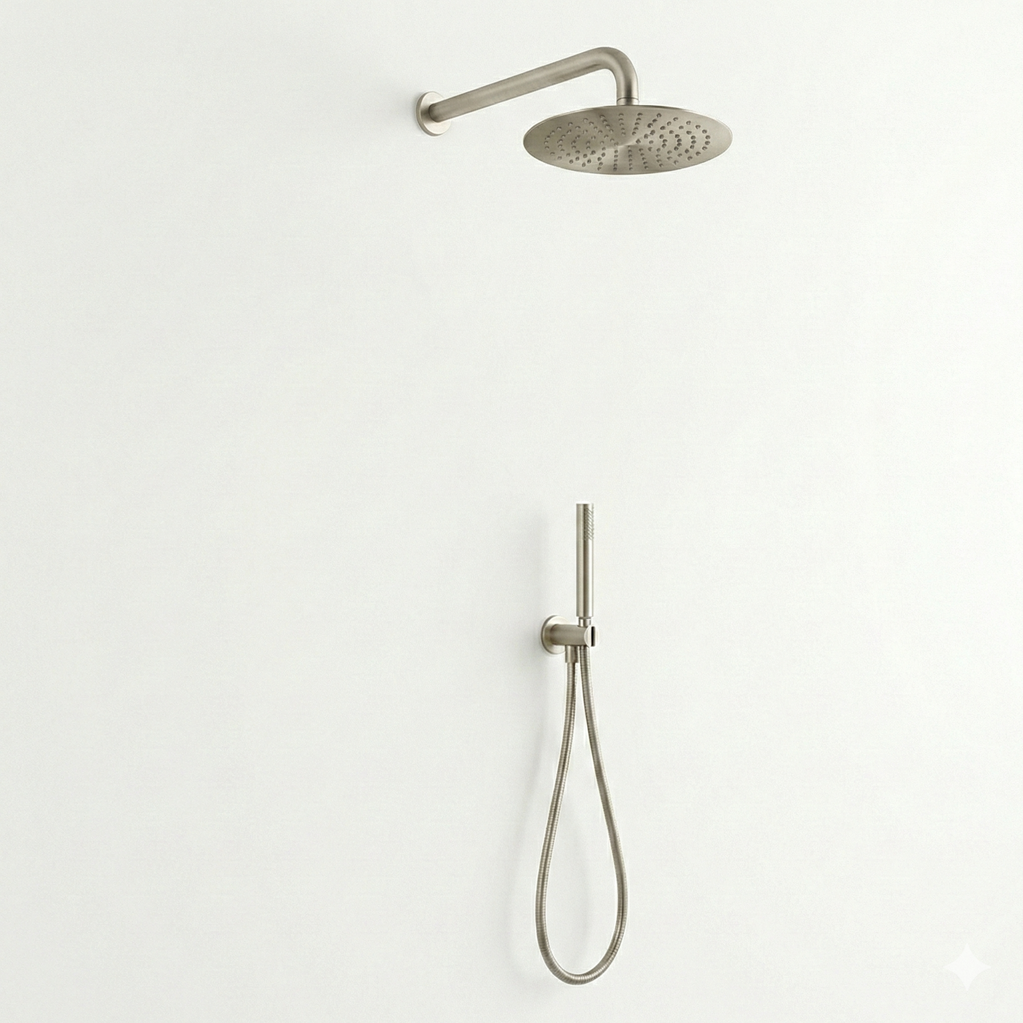 זרוע לראש גשם + ראש גשם 25/25 + נקודת מים עם מתלה + צינור גמיש + מזלף יד אופנתי | ניקל מוברש | מק"ט 666/3