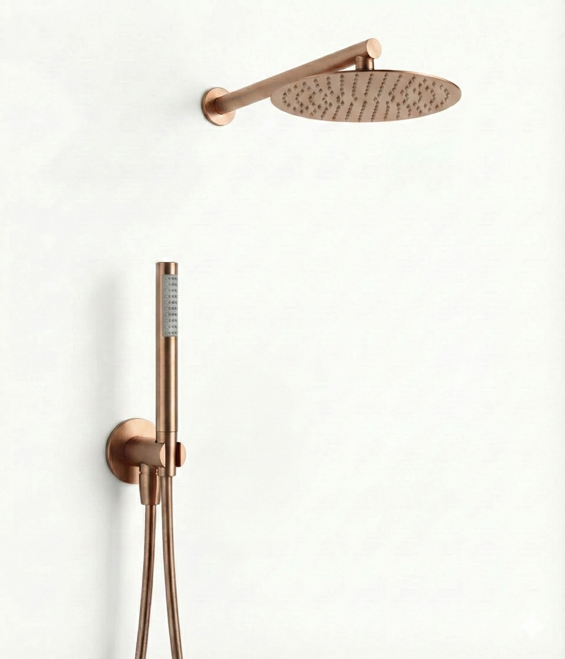 זרוע לראש גשם + ראש גשם 25/25 + נקודת מים עם מתלה + צינור גמיש + מזלף יד אופנתי | רוז גולד מוברש | מק"ט 666/4