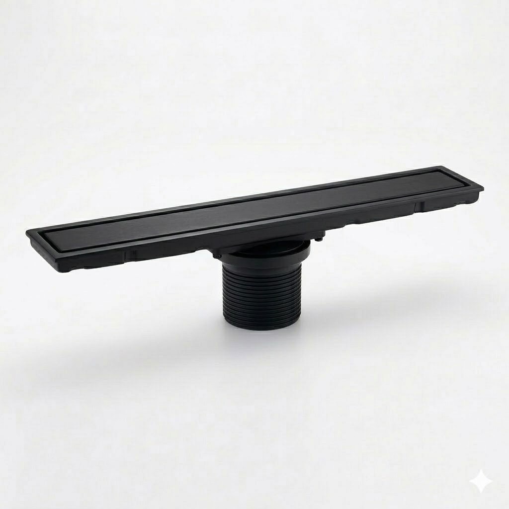 תעלת ניקוז 9/79 כולל מנגנון מונע ריחות וחרקים | נירוסטה אל חלד | יציאה ל 4 צול | אפשרות להכנסת אריח | שחור מט | מק"ט 979BL