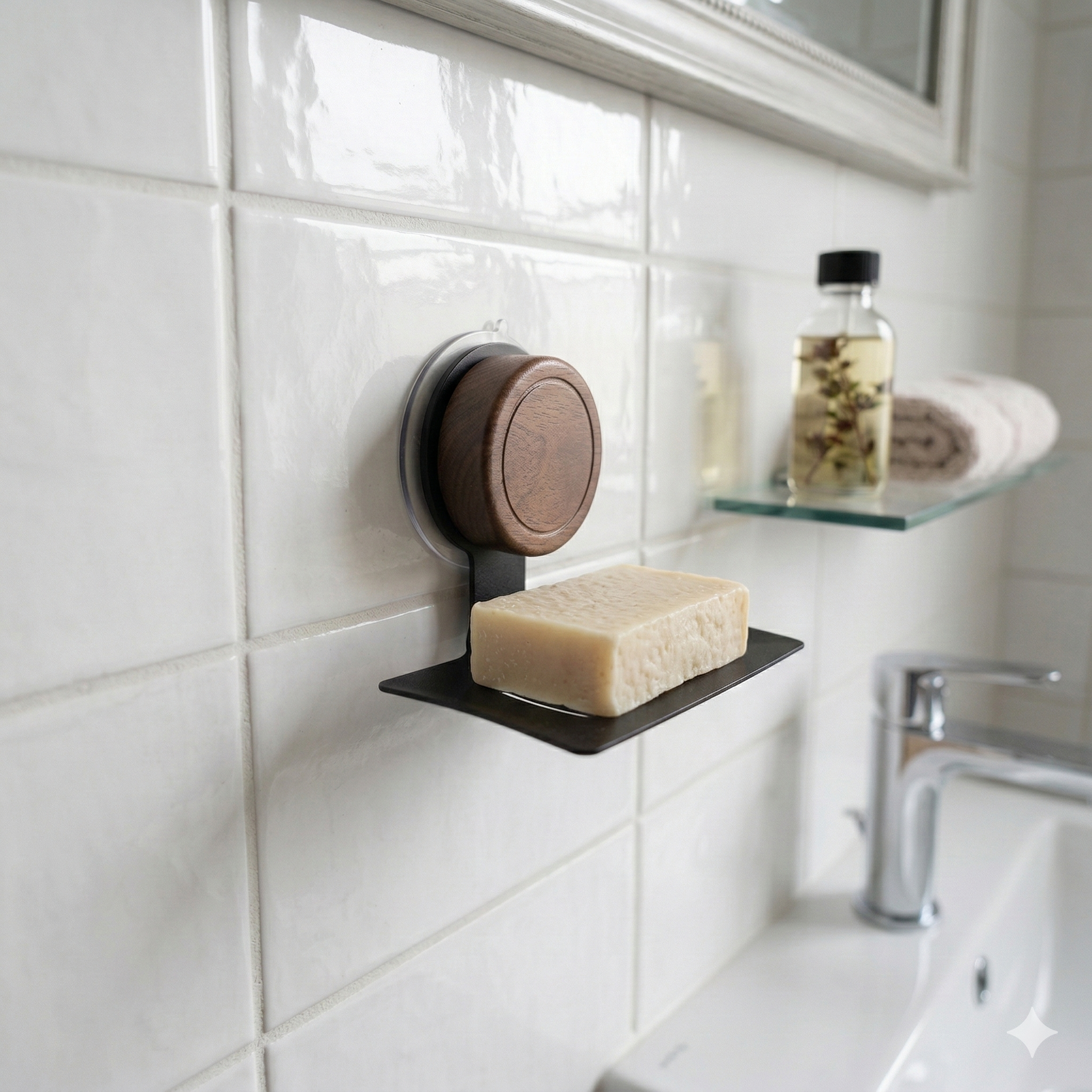 מתקן לסבוניה שחור בשילוב עץ  | ווקום | מק"ט 157